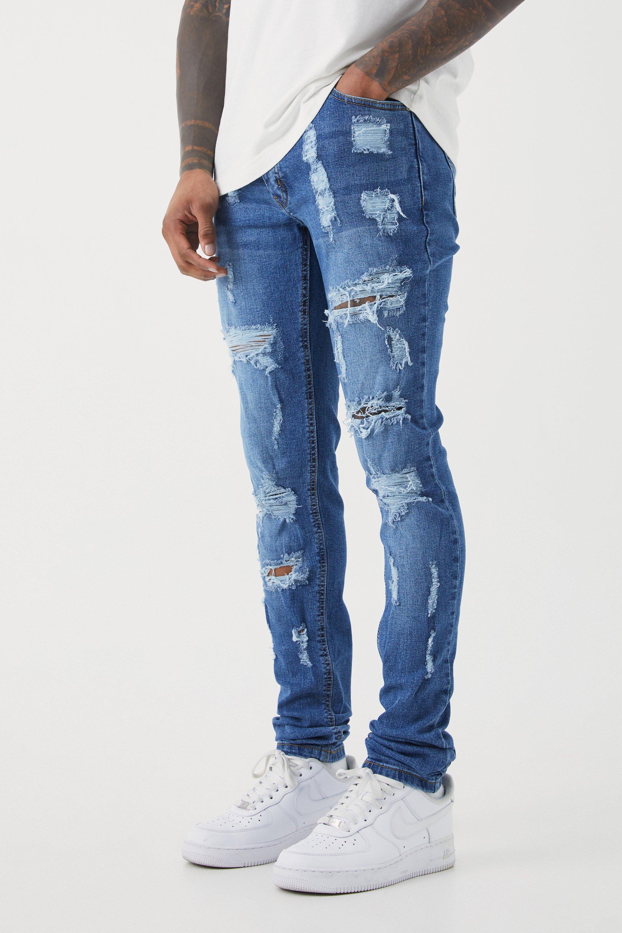 Mens Blue Skinny Stretch All Over Rip Stacked Jeans, Blue